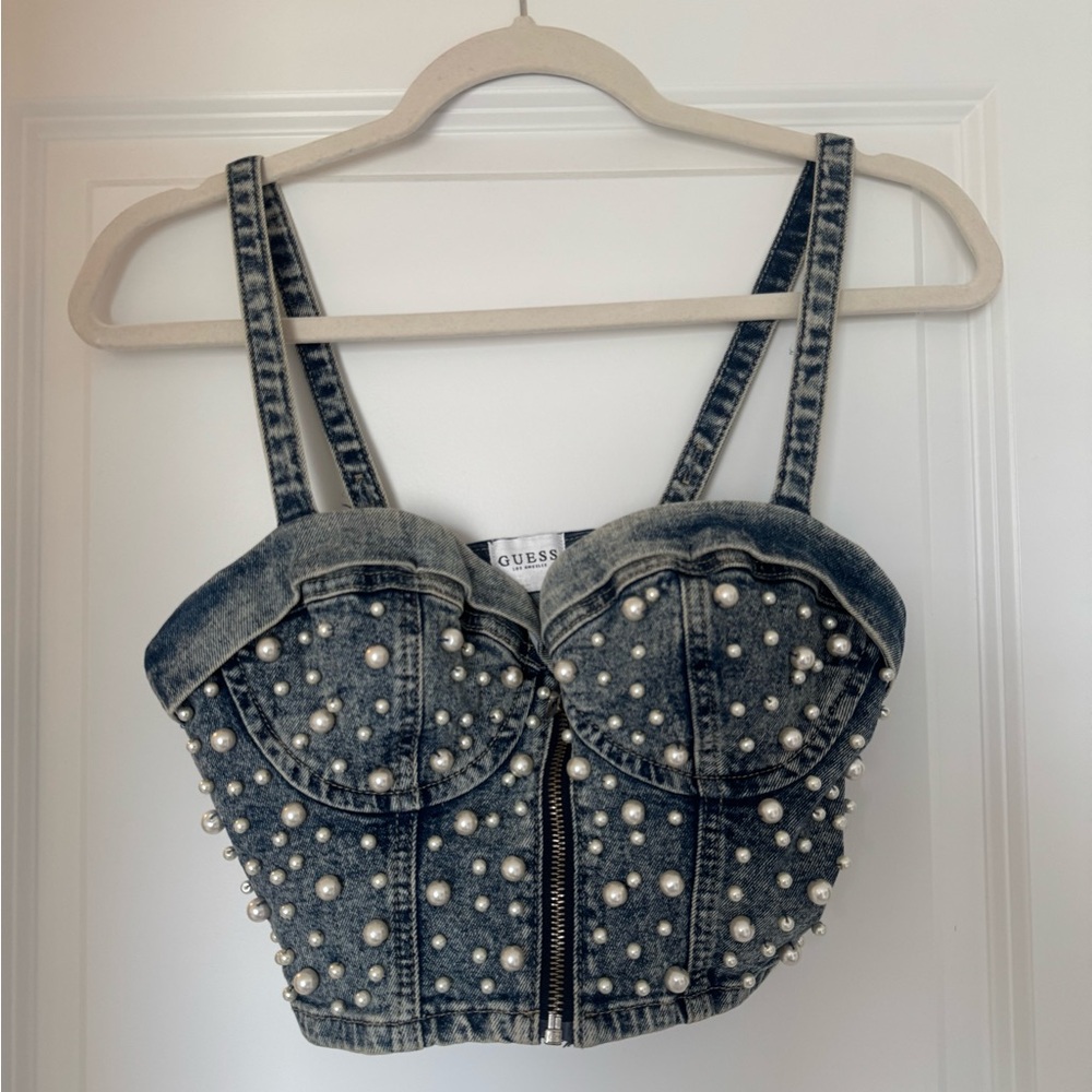 GUESS Women's Denim Faux Pearl Crop Top - Picture 2 of 3